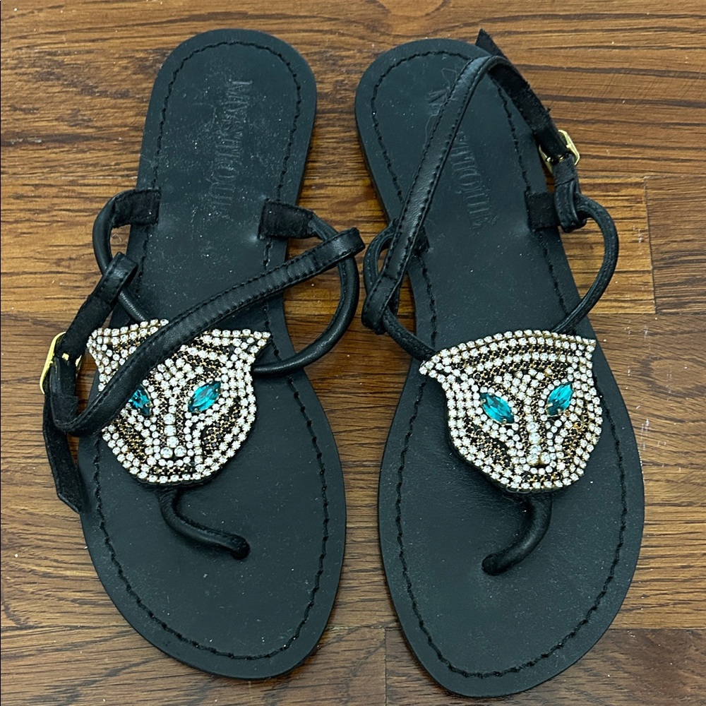 Mystique Boutique Black Sandals with Beaded Leopard Design